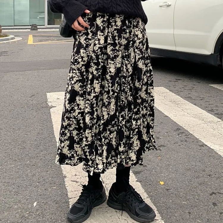 Chân Váy Hoa Đen Phong Cách retro Hàn Quốc