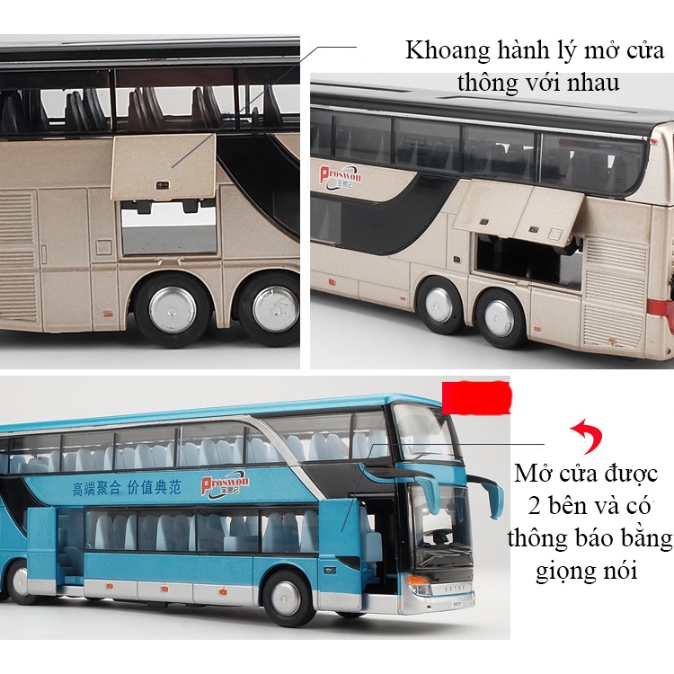 Mô hình xe bus 2 tầng đường dài KAVY chở khách bằng hợp kim có nhạc và đèn mở được tất cả cánh cửa chạy cót