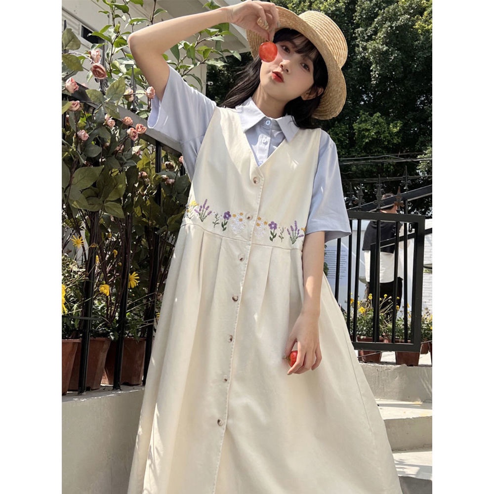 Đầm Ngắn Tay Cổ Chữ V Thêu Họa Tiết Phong Cách Hàn Quốc Cho Nữ