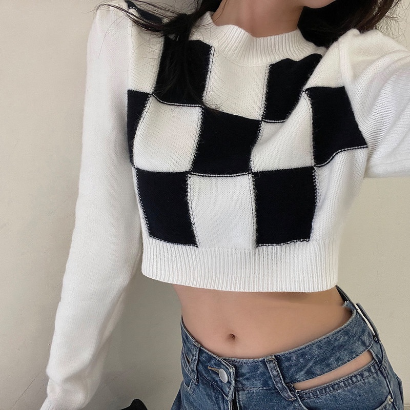SUXI Áo sweater dệt kim tay dài lưng cao kẻ caro phong cách Hàn Quốc cá tính cho nữ