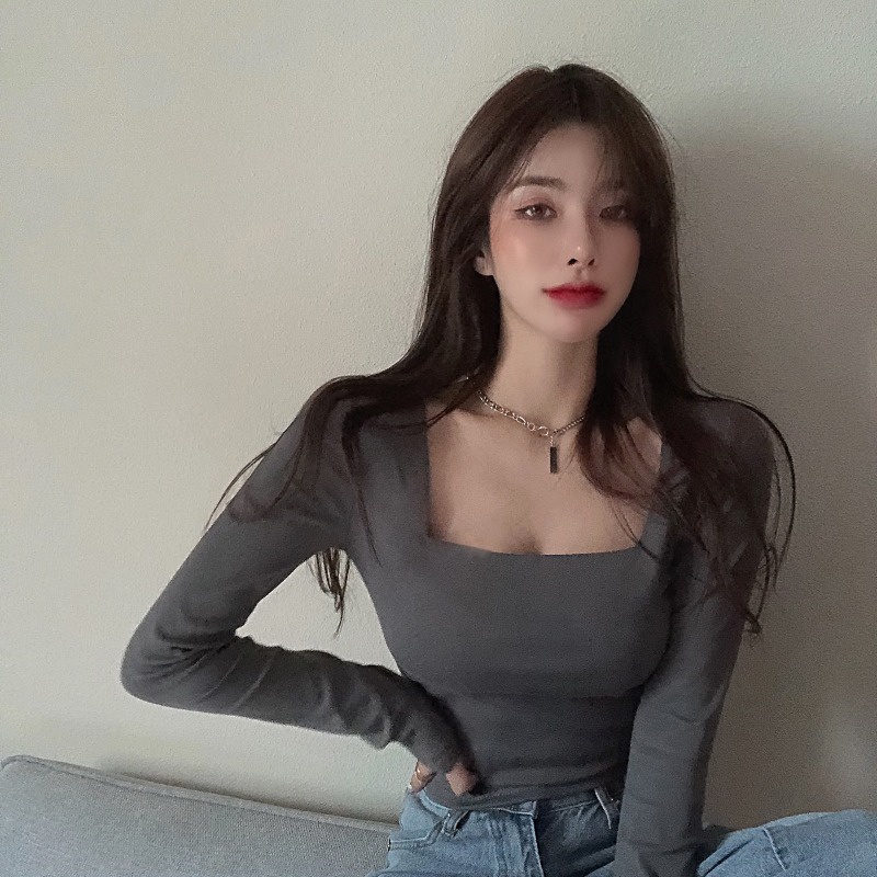 Áo thun COZOK tay dài cổ vuông dáng ôm thời trang quyến rũ cho nữ