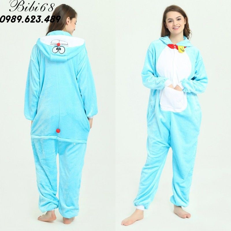 Bộ Đồ hình thú mèo doraemon liền thân lông mịn Pijama dành Cho Người Lớn và Trẻ Em Hoạt Hình Cosplay