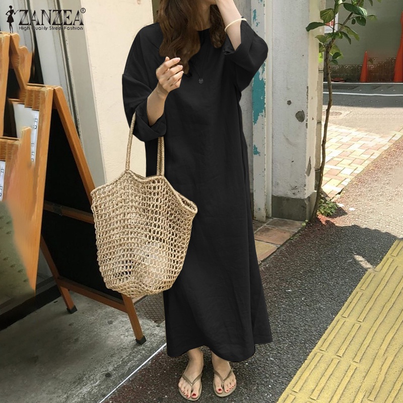 Đầm maxi ZANZEA tay dài cổ tròn màu trơn thời trang giản dị phong cách retro dành cho nữ