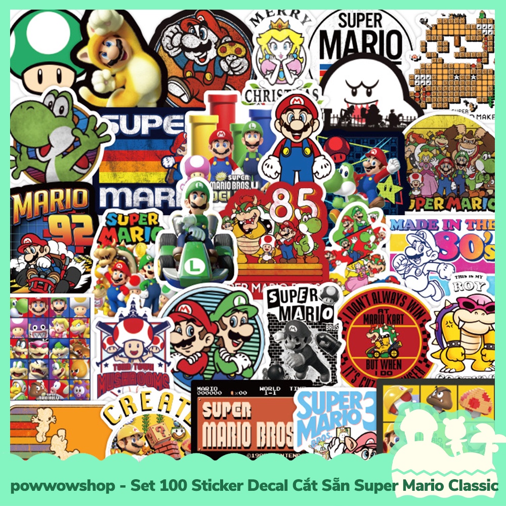 Set 100 Sticker Mini Decal Dán Trang Trí Vật Dụng Mẫu Nhân Vật Game Super Mario Collectible Classic