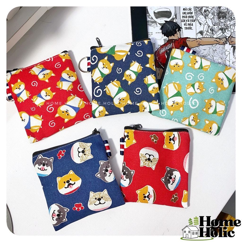 Ví / Bóp Mini Đựng Tiền Đi Chợ Đựng Thẻ Xe Túi Vải Canvas hoạ Tiết Nhật Bản Shiba Inu Có Khoen Móc Chìa Khoá Home Holic