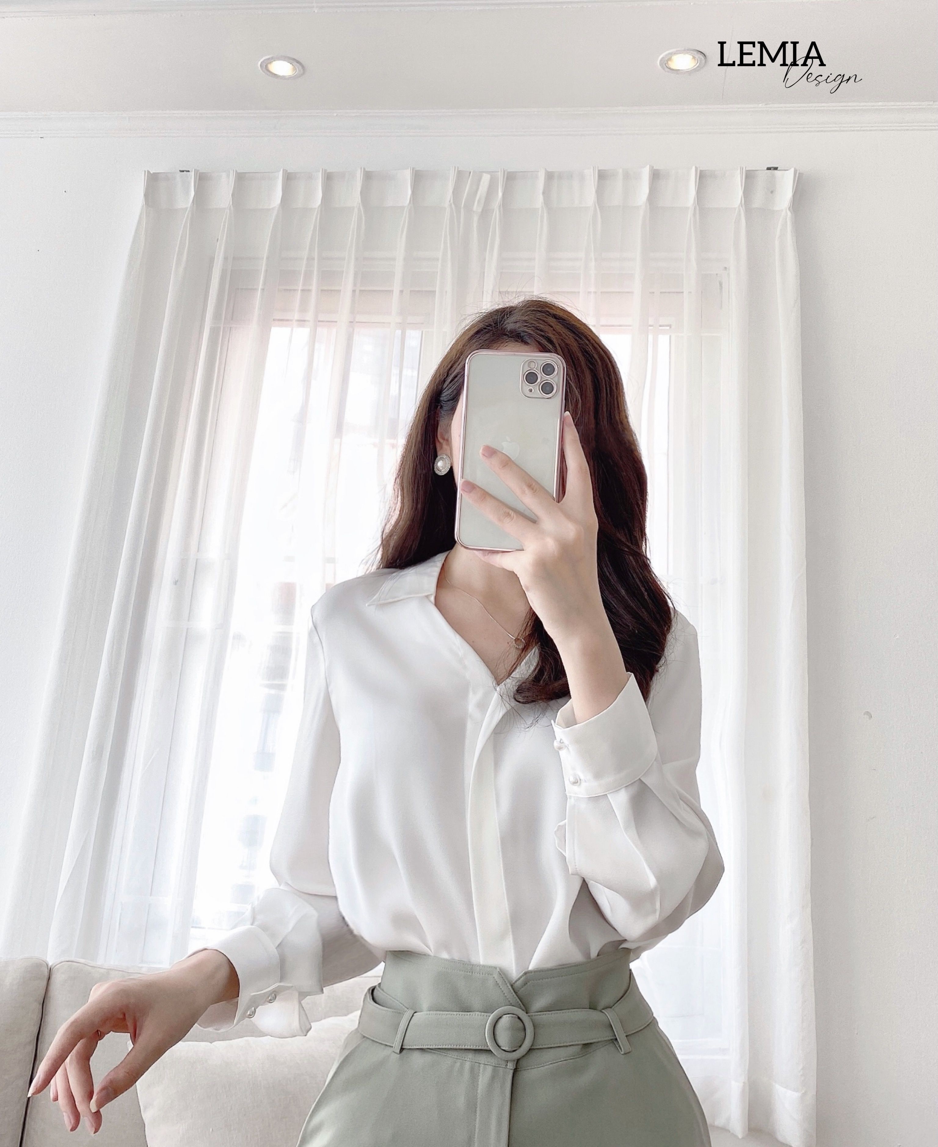 Áo sơ mi nữ cao cấp LEMIA chất liệu lụa, thiết kế cổ đức