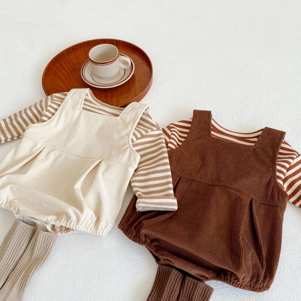 Bộ Áo Thun Cotton Tay Dài Kẻ Sọc + Quần Tam Giác 2 Màu Hình Gấu Cho Bé