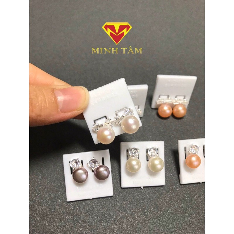 Bông tai bạc nơ Trai nuôi nước ngọt tự nhiên,Khuyên tai Trai nuôi tự nhiên nơ nạm đá-Minh Tâm Jewelry