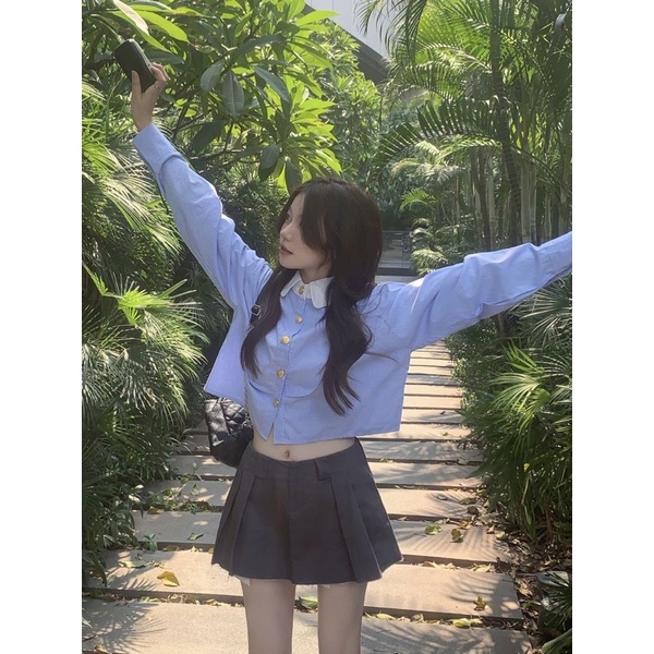 Áo sơ mi tex nữ dáng ngắn croptop màu xanh phối cúc vàng phong cách nữ sinh hoàng gia tiểu thư hot trend ulzzang