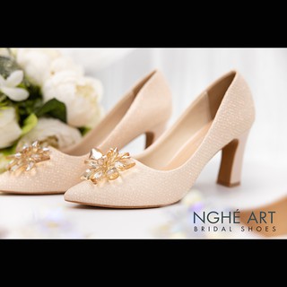 Giày cưới Nghé Art handmade ren kim tuyến nude hoa đá 321