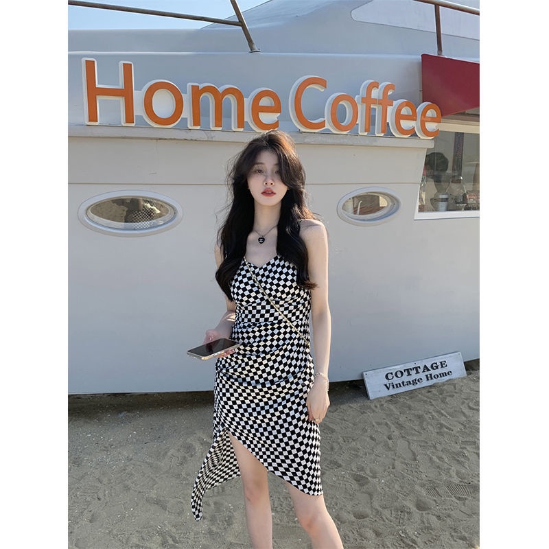 JSC Jiashucheng Đầm Dài Hai Dây Dáng Ôm Họa Tiết Kẻ Sọc Phong Cách Retro Mùa Hè Mới Cho Nữ