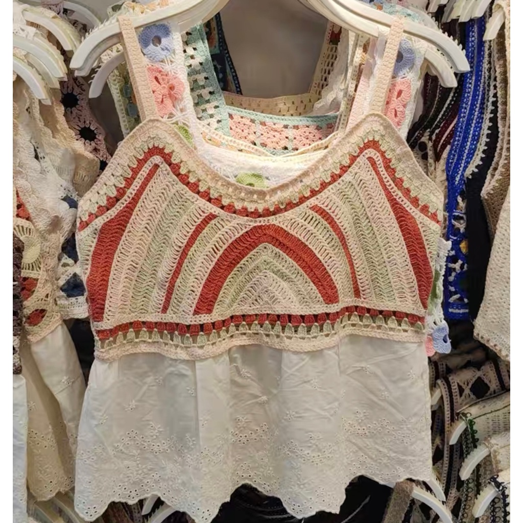 Áo hai dây kiểu đan móc babydoll cầu vồng MS605