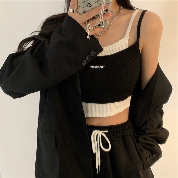 Áo hai dây phối màu tương phản độc đáo cá tính thời trang cho nữ