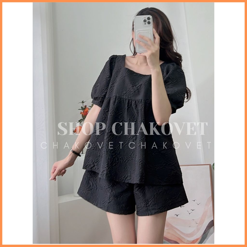 Set đồ nữ sang chảnh tiểu thư S8349 Áo babydoll dập hoa nổi kèm quần bo chun style Hàn Quốc mặc đi chơi du lịch cực xinh