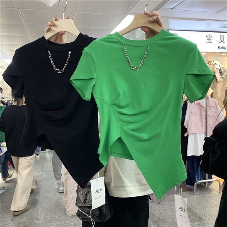Áo Thun Ngắn Dáng Ôm Xẻ Tà Thời Trang Xuân Hè 2022 Phong Cách Mới Cho Nữ