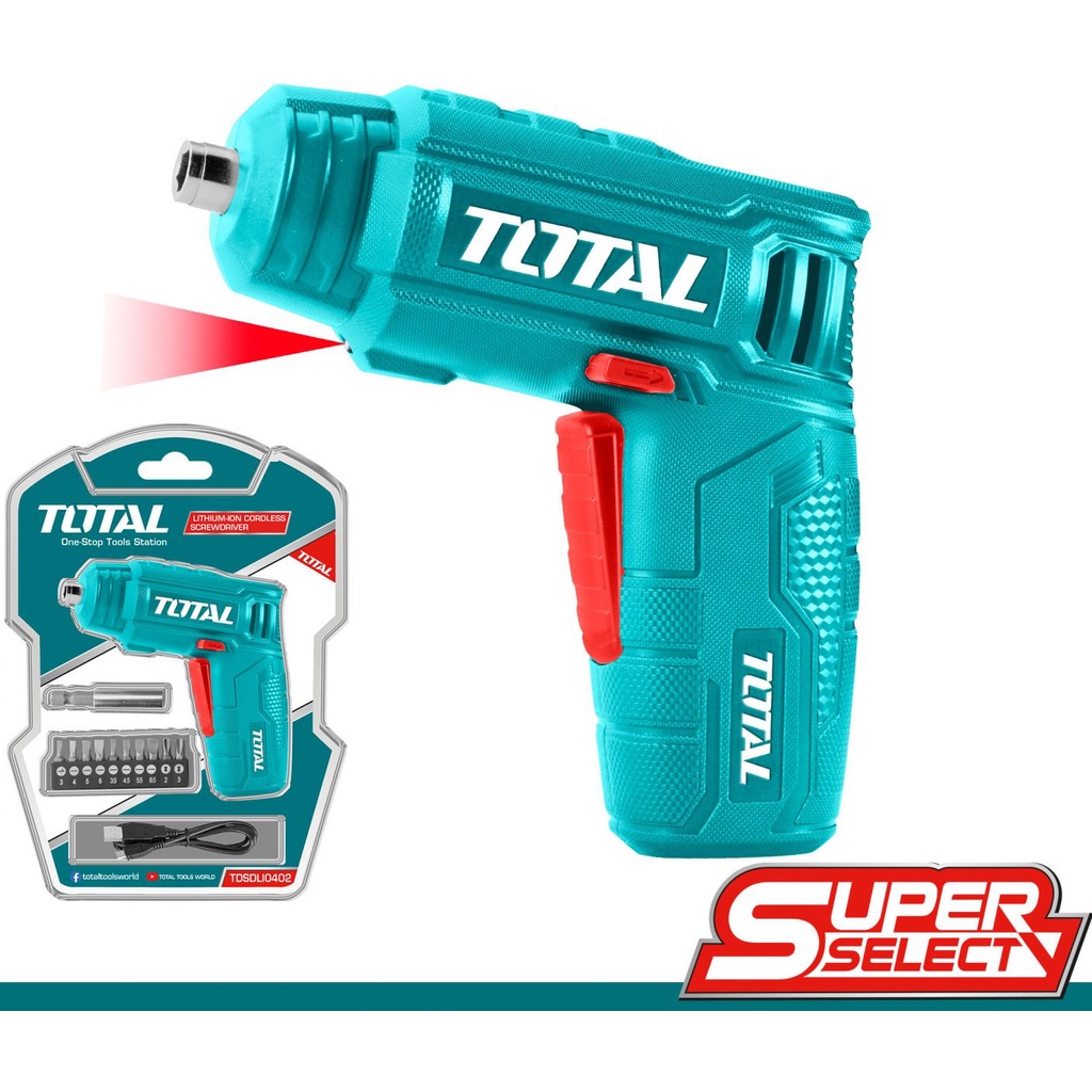 Máy bắn vít cầm tay TOTAL TSDLI0402 kèm 10 mũi vít 25mm, 1 mũi từ, 1 sạc, dụng cụ siết vít mini dùng pin Lithium 4V
