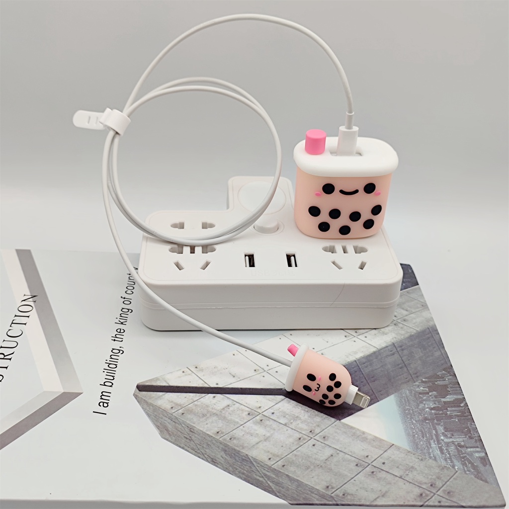 Bộ 2 Món Vỏ Bảo Vệ Dây Cáp Sạc Tai Nghe Apple iphone Bằng silicone Chống Sốc Hình Ly Trà Sữa 3D Dễ Thương 18W/20