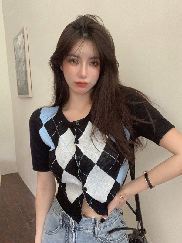 SUXI Áo Sơ Mi Ngắn Tay Họa Tiết Ca Rô Phong Cách Hàn Quốc Dành Cho Nữ