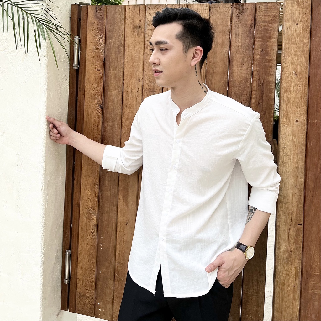 Áo sơ mi nam dài tay cổ tàu dáng ôm body hàn quốc vải mịn mát, áo so mi nam dai tay cổ trụ không nhăn A01