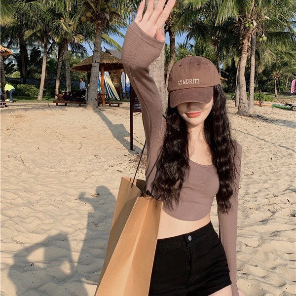 Áo Croptop Nữ Gân Tăm, Tay Dài Vạt Bầu - Tharo Clothing