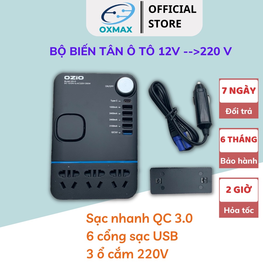 Bộ Biến Tần Ô Tô 12/24V Sang 220V, Bộ Chuyển Đổi Dòng Điện Từ 12V Sang 220 V Công Suất 200W, Hỗ Trợ Sạc Nhanh QC 3.0