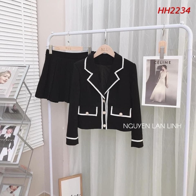 Set áo vest cổ viền mix chân váy dập ly hot hit