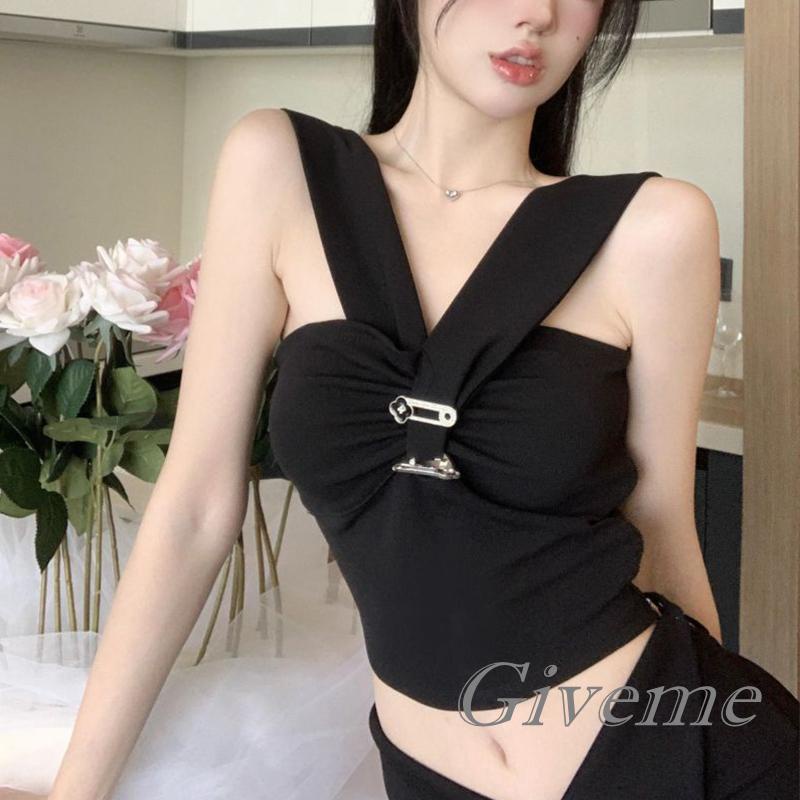 Áo Crop Top Không Tay Cổ Chữ V Màu Trơn Thời Trang Dành Cho Nữ
