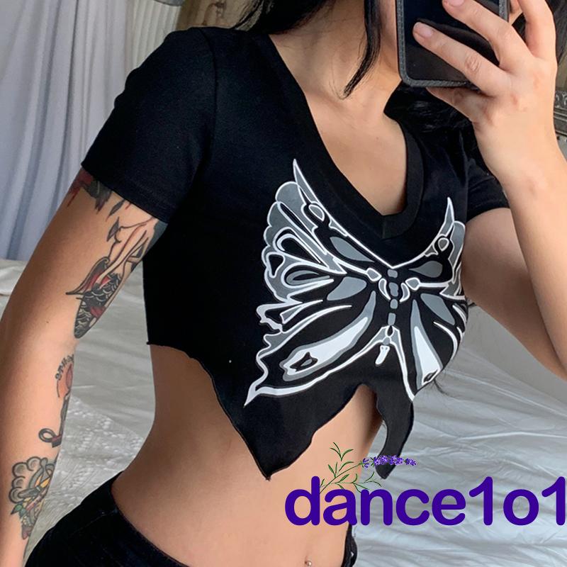 ☌OF✲Women Summer V-neck Short Sleeve Butterfly Pattern Print Crop Tops