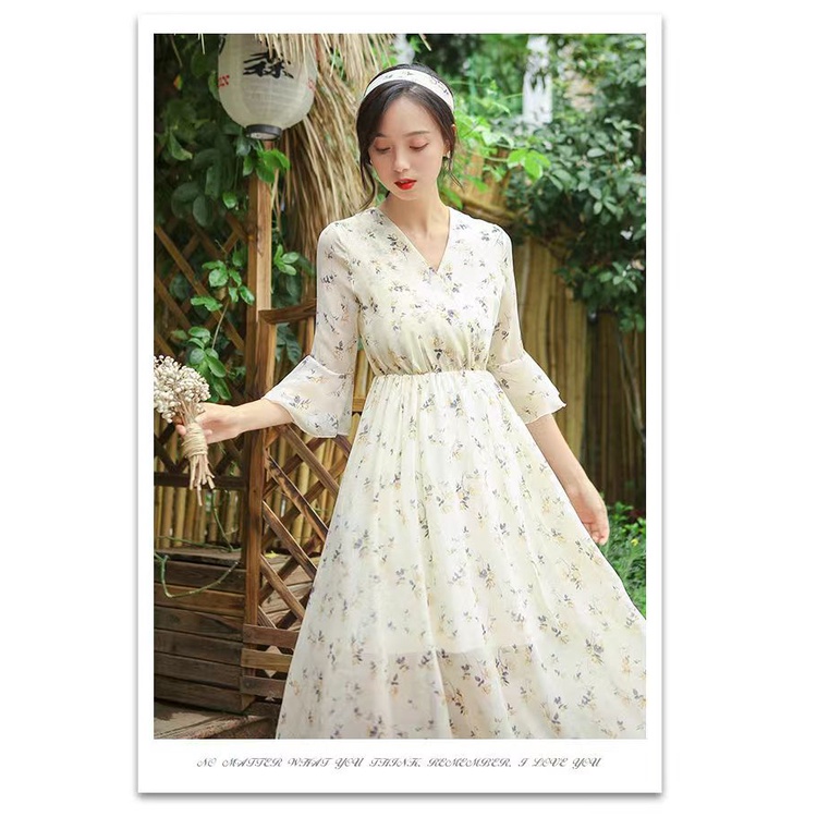 Đầm PERTY tay loe cổ chữ V họa tiết hoa xinh xắn thời trang mùa hè dành cho nữ