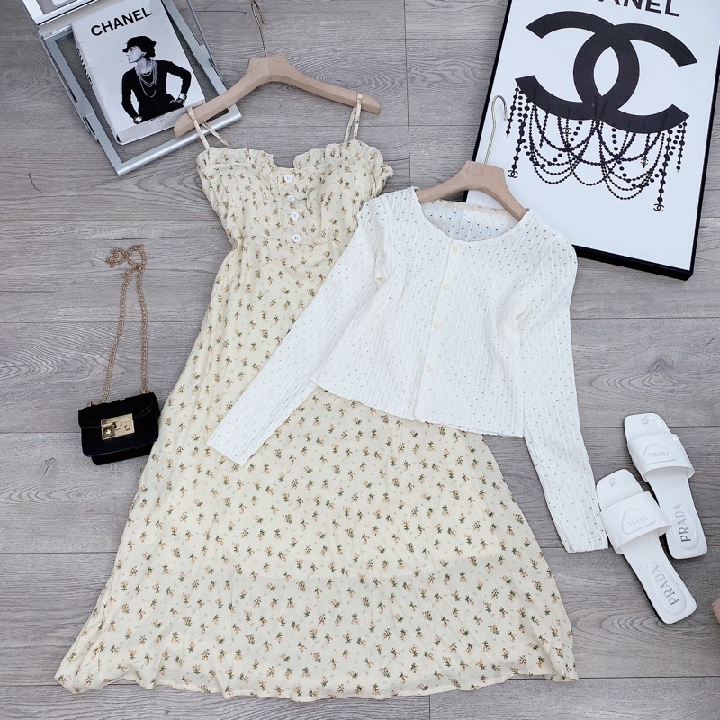 [ 𝐅𝐑𝐄𝐄 𝐒𝐇𝐈𝐏 ]   VÁY 2 DÂY REN HOA DÁNG DÀI KÈM CADIGAN SIÊU HÓT