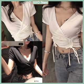 Áo Croptop Chéo Ngực Dây Rút Áo Croptop Nữ Ngắn Tay Dây Rút Eo Ôm Body Freesize