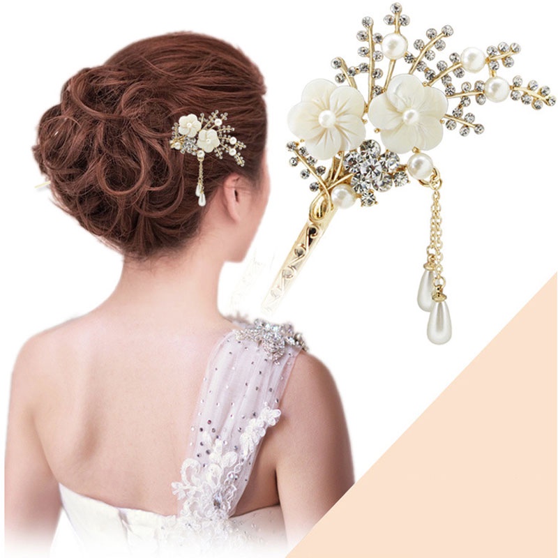 Trâm cài tóc hình hoa đính đá giả phối tua rua phong cách Trung Hoa thời trang cho nữ