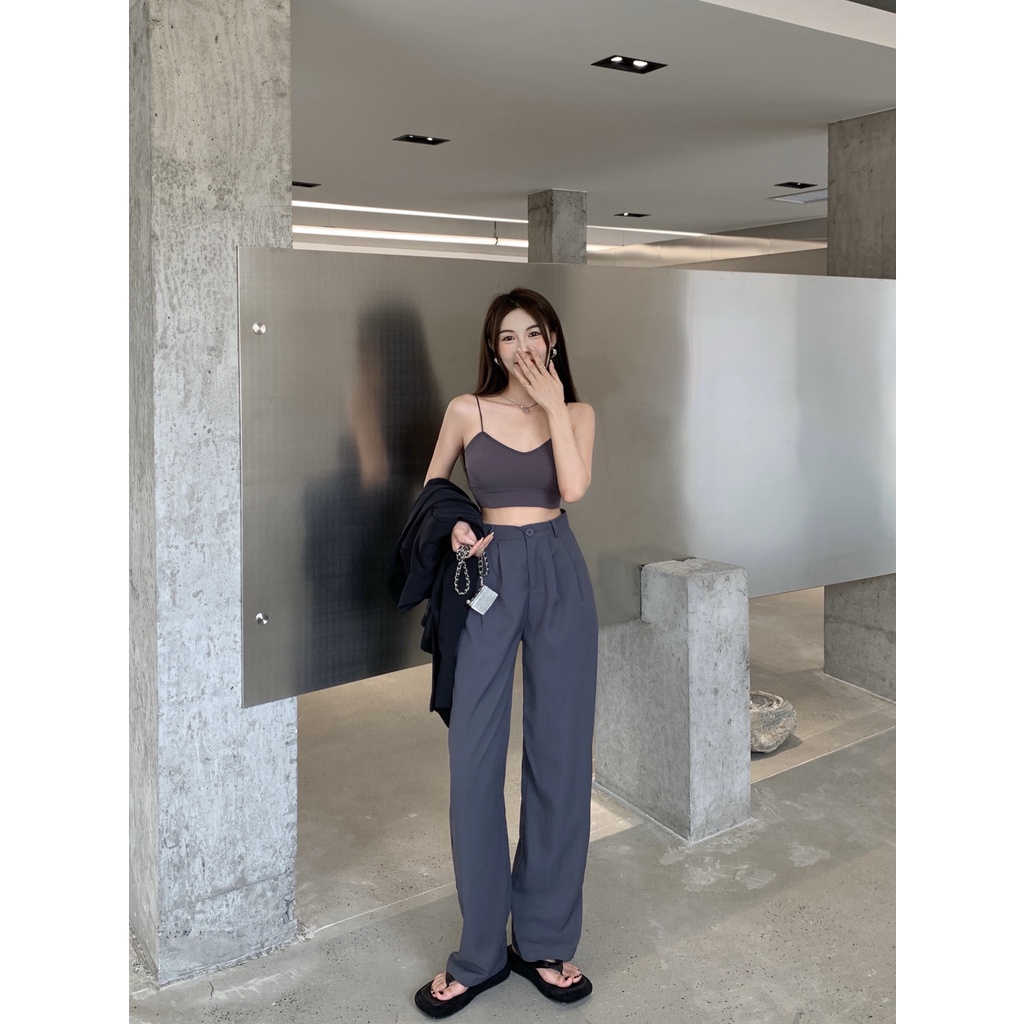 SUXI Quần Dài Lưng Cao Ống Rộng Màu Sắc Đơn Giản Phong Cách Hàn Quốc Cho Nữ