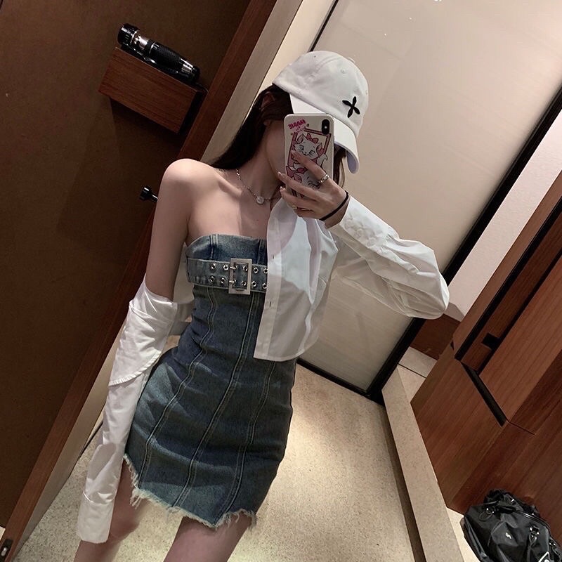 Đồ đôi nam và nữ váy body nữ kết hợp áo sơ mi pha jean