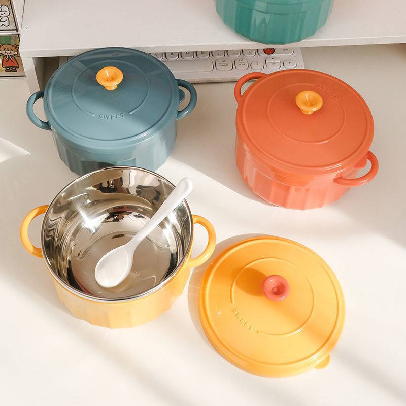 Bát Ăn Dặm Inox 2 lớp Cách Nhiệt Cho Bé Có Tay Cầm Nắp Đậy Kèm Thìa Muỗng, Chén ăn cháo,