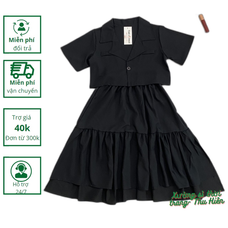 Set áo vest thời trang form rộng + Chân váy dài baby doll cạp chun
