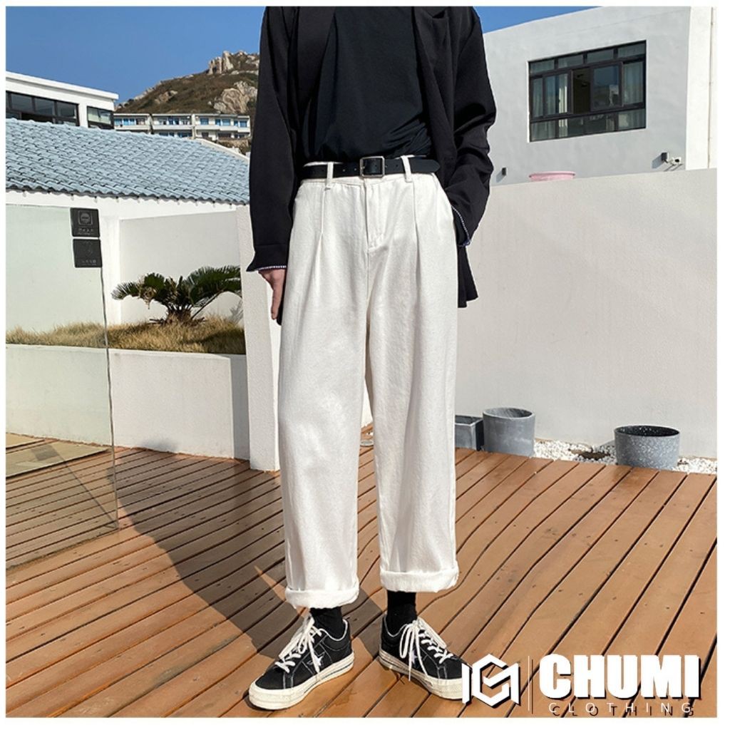 Quần jeans nam CHUMI màu trắng nam nữ hack dáng unisex mùa hè oversize form rộng cm044