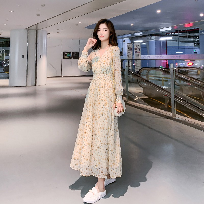 Đầm Voan Hoa Tay Dài Dáng Ôm Thời Trang Mới 2022 Dành Cho Nữ