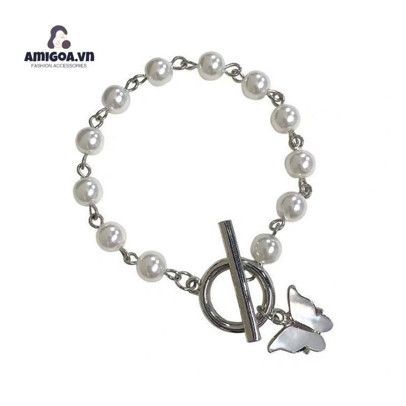 Vòng Tay Mặt Hình Bướm Đính Ngọc Trai Có Khóa Cài Phong Cách Retro Dành Cho Nữ