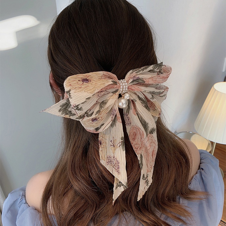 Kẹp Tóc Mỏ Vịt Bằng Vải Họa Tiết Hoa Thắt Nơ Sau Lưng Phong Cách Hàn Quốc Ngọt Ngào