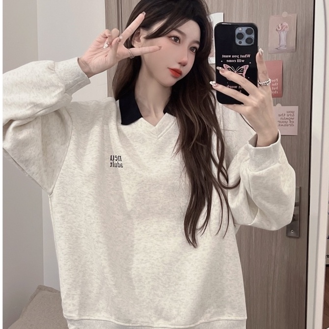 ZHELIHANGFEI Áo Thun Nỉ Tay Dài Có Cổ Dáng Rộng In Họa Tiết Phong Cách Preppy