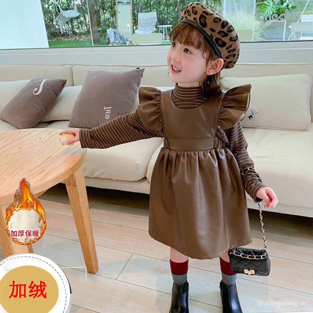 Bộ trang phục gồm áo và chân váy da thời trang xuân thu dành cho bé gái D65 2021