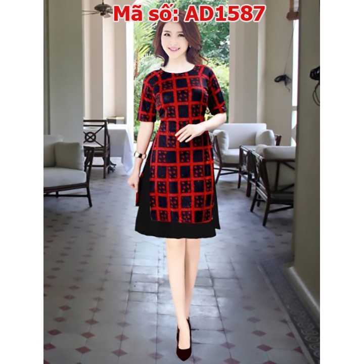 ⚡️ có big size 3XL ⚡️ AD1587 Set áo dài cách tân gấm thun caro đỏ kèm váy