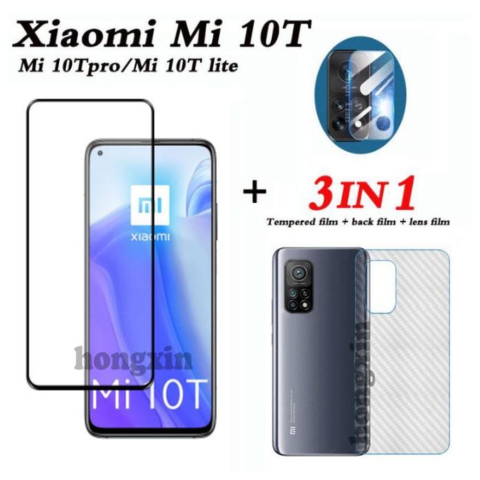 3in1 For Xiaomi Mi 10T Pro Mi10T lite Mi 10 Ultra Redmi Note 9 Max Note 9S 8A 7A Redmi 9A  Redmi 9C Note 8 Note 7 Full Screen Tempered Glass Film + camera lens + Carbon Fiber Back Film