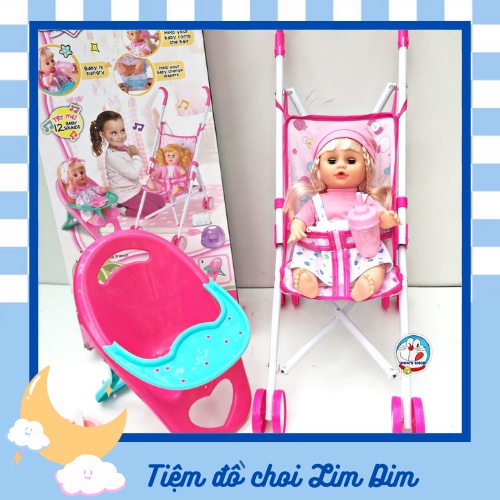 Đồ chơi chăm sóc búp bê gồm phụ kiện xe đẩy, ghế ăn dặm, búp bê biết khóc, nói...