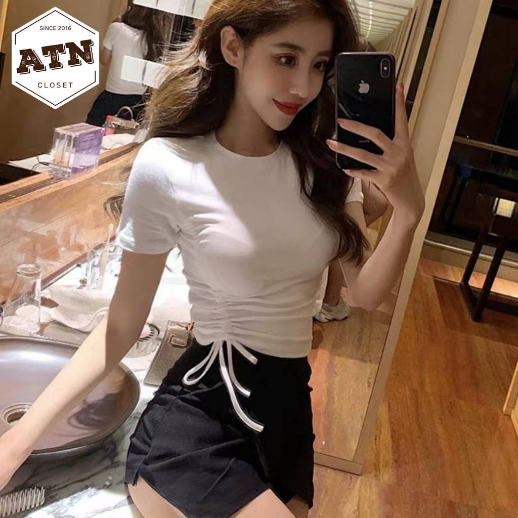 Áo Kiểu Rút Eo Tay Ngắn, Dây Rút Tùy Chỉnh Dài Ngắn Tùy Ý Size 53kg, Chất Borip Mịn Nhẹ Co Giản, Ảnh Thật 100%