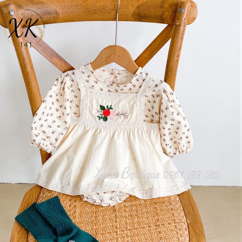 Váy Dài Tay Hoa Bé Gái - Bodysuit Giả Váy Cổ Ren Thêu Hoa Bé Gái Cao Cấp