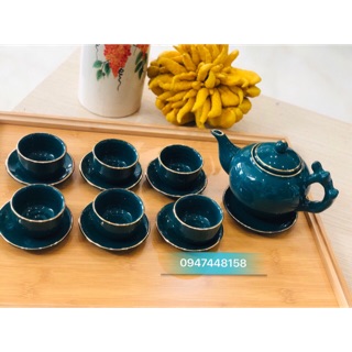 Bộ ấm chén men ngọc lục bảo chỉ vàng kim