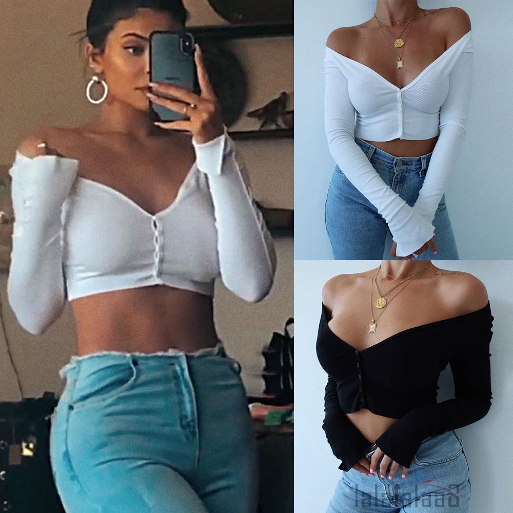 Áo croptop tay dài hở vai thời trang gợi cảm dành cho nữ