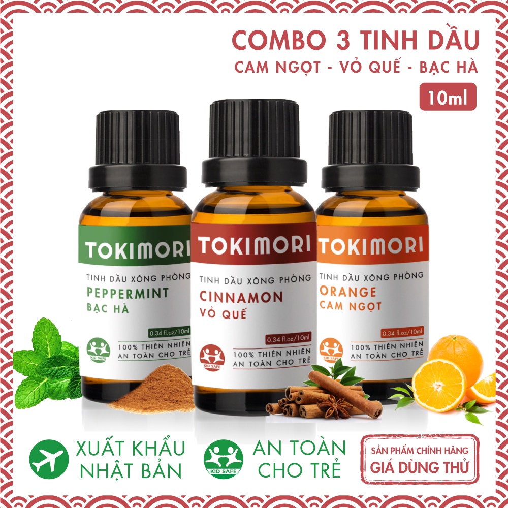 Combo 3 Chai (10ml) Tinh Dầu Cam Ngọt + Vỏ Quế + Bạc Hà TOKI MORI Xuất Khẩu Nhật Bản Nguyên Chất Thiên Nhiên